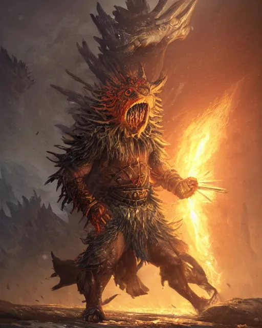 Prompt: oil painting of Angry Anthropomorphized Fish Berserker, wearing fur armor, claws, sharp focus, attack pose, fantasy style, octane render, volumetric lighting, 8k high definition, by greg rutkowski, highly detailed, trending on art Station, magic the gathering artwork, burning Battlefield background, centered