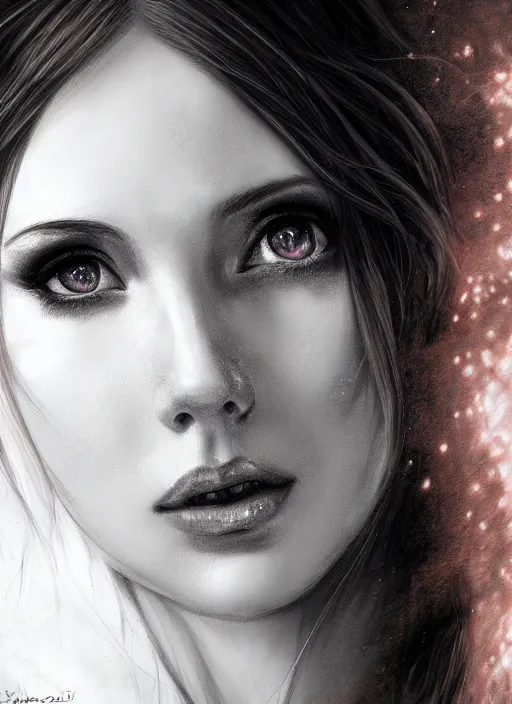 Prompt: of dark fantasy, young beautiful Amouranth, close up face portrait, medium shot, intricate, elegant, ethereal dreamy light, highly detailed, concept art, smooth, sharp focus, illustration, art by Nicola Samuri