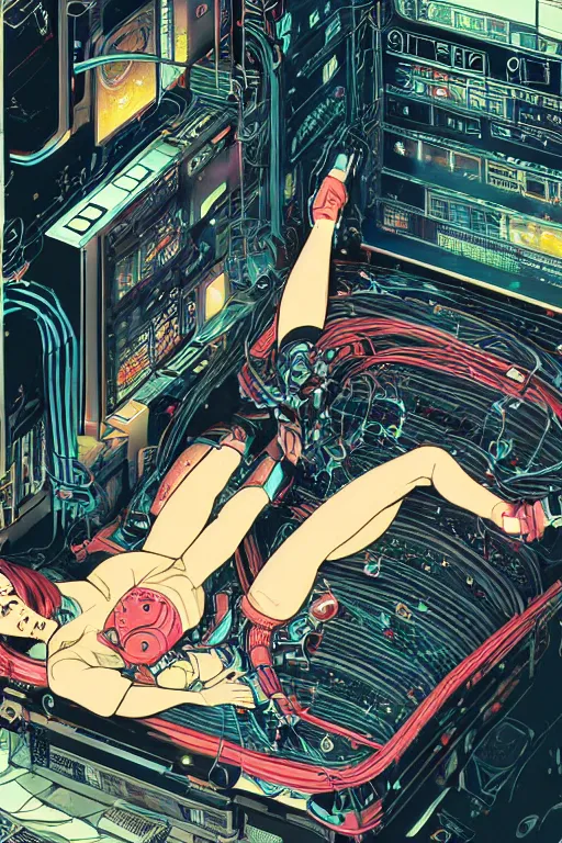 Prompt: an hyper-detailed cyberpunk illustration of a female android lying on a bed in a tech labor, with her head open showing cables and wires coming out, by masamune shirow, and katsuhiro otomo, japan, 1980s, dynamic, colorful, sparkles, lasers