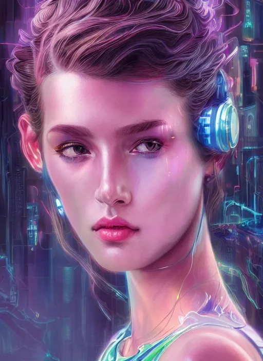 Prompt: beautiful young woman, extremely detailed gorgeous face, sad eyes, tears, cyberpunk, cybernetic, cyborg, sexy body and face, vaporwave aesthetic, synthwave, colorful, psychedelic, intricate, elegant, highly detailed, digital painting, artstation, concept art, smooth, sharp focus, illustration, art by artgerm and greg rutkowski and alphonse mucha