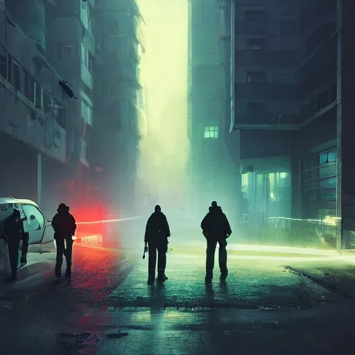 Image similar to police in the streets of cyberpunk warsaw, ethereal lighting, haze, night time, michal lisowski, marthe jonkers