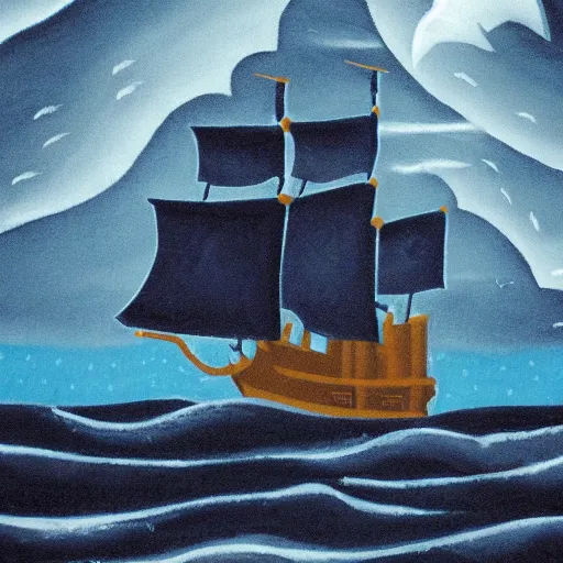 Prompt: a girl is pirate in a ship which is sailing in dark sea sky is dark blue and clouds and thunderstorms coming in far waves are big detailed picture