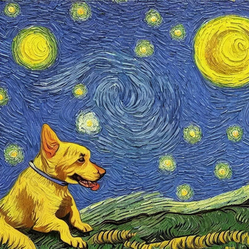 Prompt: An oil painting of a dog in the style of Starry Night; oil painting by Vincent van Gogh