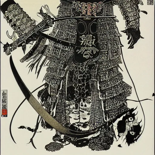 Prompt: highly detailed samurai warrior with oni demon mask armour by Moebius, Sergio Toppi, John Bauer, Kay Nielsen, Yoshitaka Amano