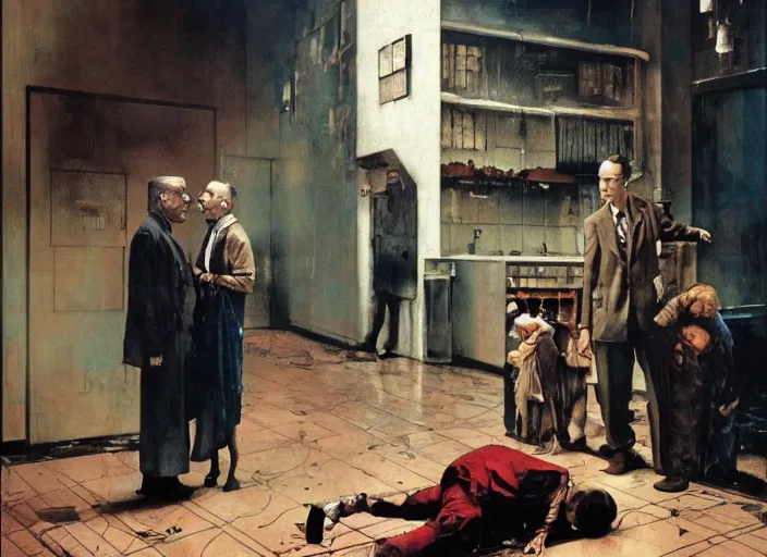 Prompt: a still from the film schindler's list by francis bacon, surreal, norman rockwell and james jean, greg hildebrandt, and mark brooks, triadic color scheme, by greg rutkowski, in the style of francis bacon and syd mead and edward hopper and norman rockwell and beksinski, dark surrealism, open ceiling