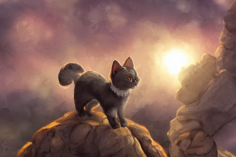 Prompt: cat standing on a rock in front of a crowd of cats, dramatic, backlighting, digital art, trending on furaffinity, by kawacy, fanart
