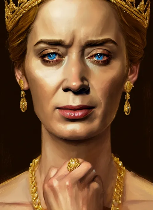 Image similar to portrait of emily blunt as queen, crying, tears, jewelry, greek, sapphire, victorian age, 1 8 9 0, intricate, headshot, key visual, conceptart, ambient lighting, highly detailed, digital painting, artstation, concept art, sharp focus, by makoto shinkai and akihiko yoshida and greg manchess