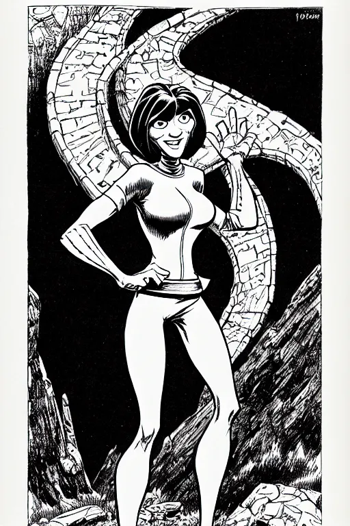 Image similar to helen parr elastigirl as a d & d monster, full body, pen - and - ink illustration, etching, by russ nicholson, david a trampier, larry elmore, 1 9 8 1, hq scan, intricate details, stylized border