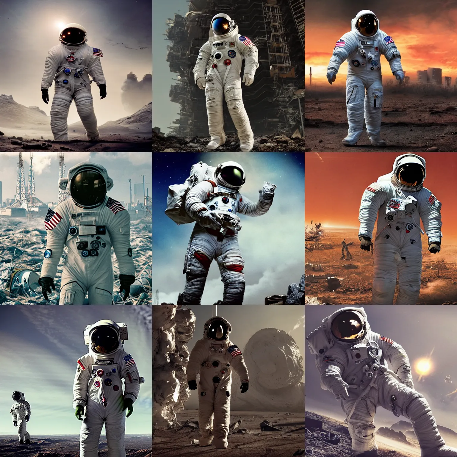 Prompt: giant american spacesuit astronaut in postapocalyptic tokio, cinematic focus