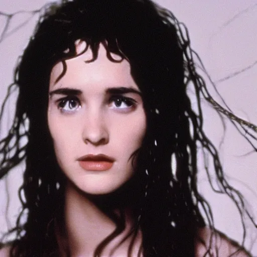 Prompt: Young Winona Ryder with flowing hair as Shelob, 30mm, studio lighting, photo shoot, still from Lord of The Rings