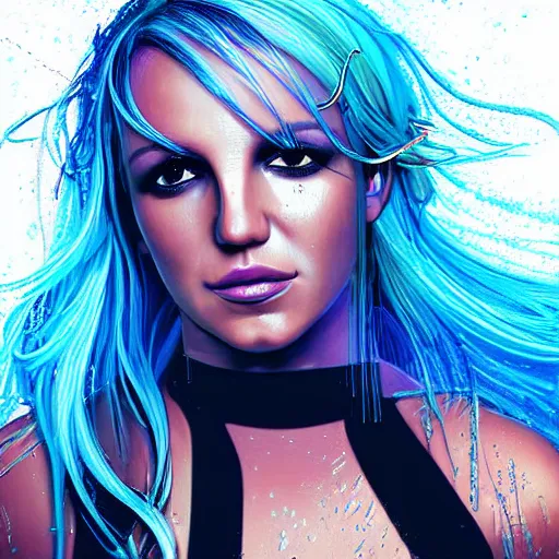 Prompt: a digital painting of britney spears in the rain with blue hair, cute - fine - face, pretty face, cyberpunk art by sim sa - jeong, cgsociety, synchromism, detailed painting, glowing neon, digital illustration, perfect face, extremely fine details, realistic shaded lighting, dynamic colorful background