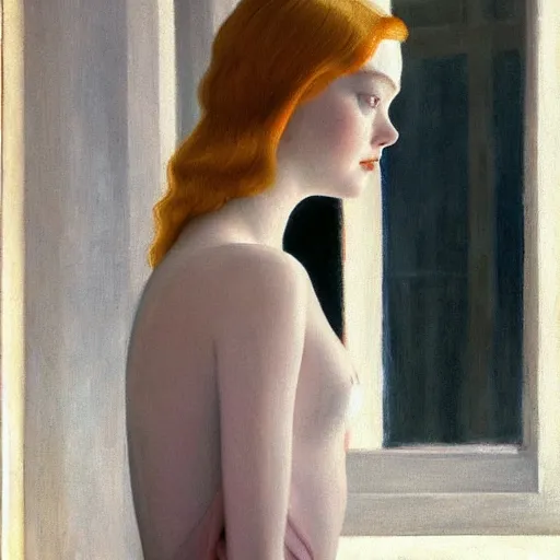 Prompt: Painting of Elle Fanning in Suspiria, long blonde hair, delicate, pale milky white porcelain skin, by Edward Hopper. 8K. Extremely detailed.