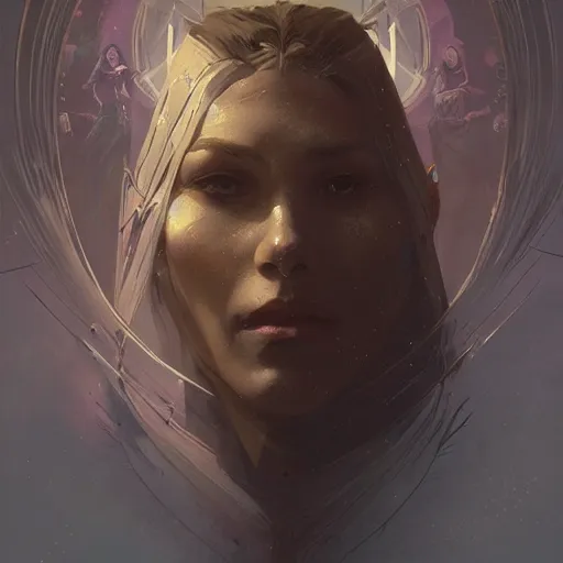 Image similar to Point of infinity, Big bang, Magic the Gathering art, undead facial features, art by greg rutkowski and alphonse mucha, highly detailed, digital painting, matte painting, concept art, illustration, oppressive lighting, trending on artstation, very detailed