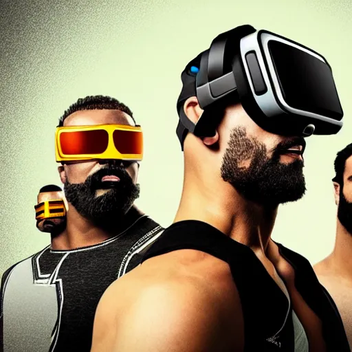 Prompt: wrestlemania wrestlers wearing vr goggles, gta cover, trending on artstation, digital illustration