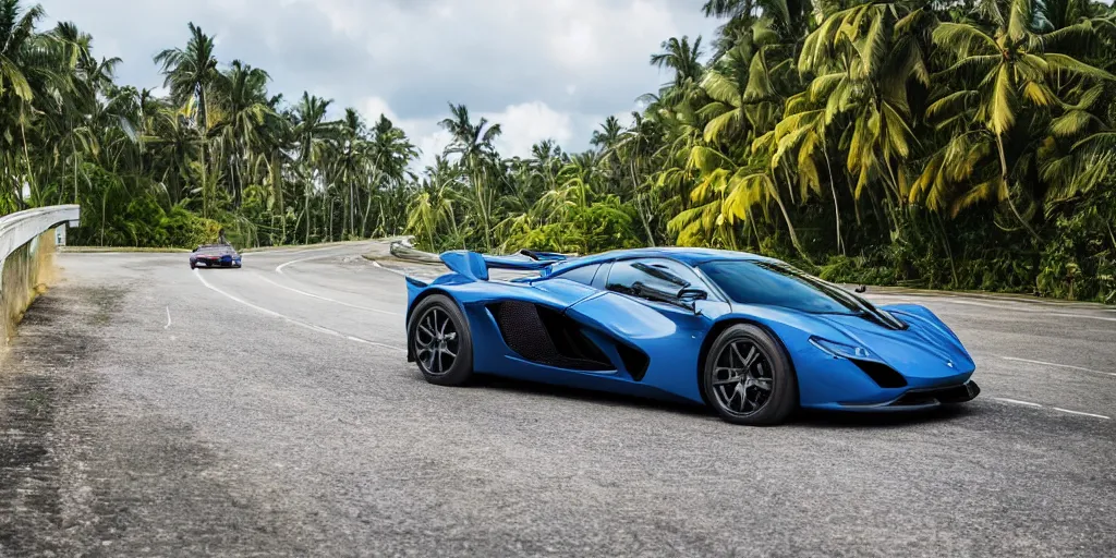 Prompt: a photograph of a supercar running in a tropical island