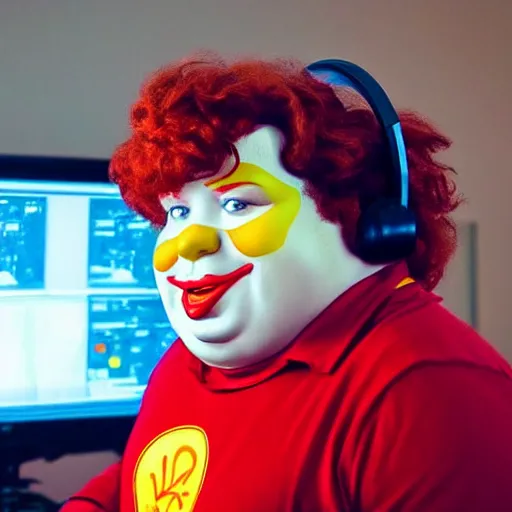 Image similar to obese Ronald Mcdonald wearing a headset yelling at his monitor while playing WoW highly detailed wide angle lens 10:9 aspect ration award winning photography by David Lynch esoteric erasure head