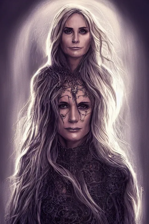 Image similar to young blonde courteney cox as a witch, detailed full body portrait, amazing detail, intricate, elegant, photorealistic, 4K, character design, fantasy, trending on artstation