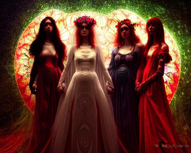 Image similar to three stunning goddesses with beautiful angelic faces, wearing psychedelic wicca, in wedding dresses, red neon roses, full body, dark and mysterious, atmospheric, ominous, eerie, cinematic light, epic, 8 k 3 d, ultra detail, ultra realistic, by wlop, by mucha, by giger