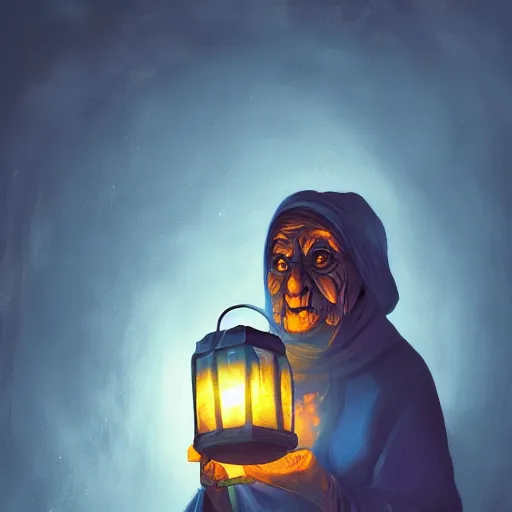 Image similar to scary old woman holding a lantern at night near a cave, digital painting, fish eye lens, detailed, appealing, colour theory, by zeenchin