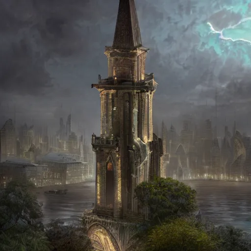 Image similar to an ultra detailed matte painting of the one impossibly tall ominous black spire in the palace district on an island in a river elevated high above the city fortress tower, fantasy capital city, ultrawide lense, aerial photography, volumetric lighting, exquisite detail, octane render, 8 k postprocessing, art by artgerm and greg rutkowski and alphonse mucha