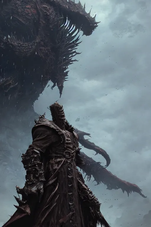 Image similar to A fancy sideview photo of a monster by Greg Rutkowski, Sung Choi, Mitchell Mohrhauser, Maciej Kuciara, Johnson Ting, Maxim Verehin, Peter Konig, Bloodborne, 8k photorealistic, cinematic lighting, HD, high details, dramatic, dark atmosphere, trending on artstation