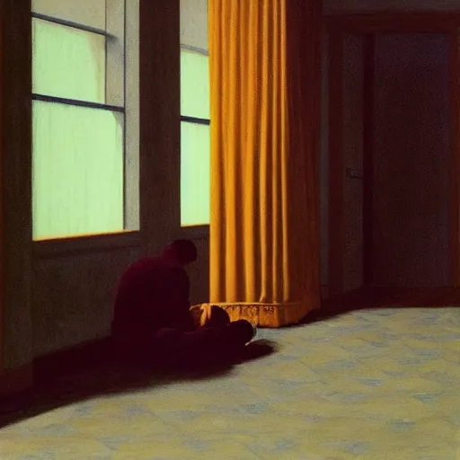 Prompt: a lonely figure in an haunted hotel abandoned room, hyperrealistic film still by edward hopper, by gottfried helnwein, by klimt, by de chirico, art noveau, highly detailed, strong lights, liminal, eerie, metaphysical, bright pastel colors,