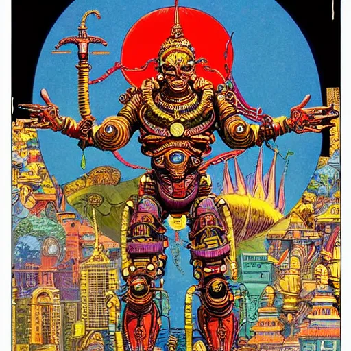 Prompt: detailed intricate color comic poster illustration of a Hindu god with a halo as an evil cyborg alien robot with lots of arms, cyberpunk, sistine chapel, davinci, religion, Hindu, vishnu, akira, dystopian, sci-fi, geof darrow, transmetropolitan, ronin