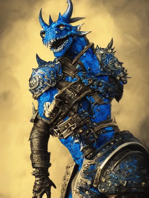 Prompt: portrait art of 8k ultra realistic blue Dragonborn pirate, detailed intricate leather armour, cybernetic, full of colour, cinematic lighting, battered, trending on artstation, 4k, hyperrealistic, focused, extreme details,unreal engine 5, cinematic, masterpiece, art by ayami kojima, giger
