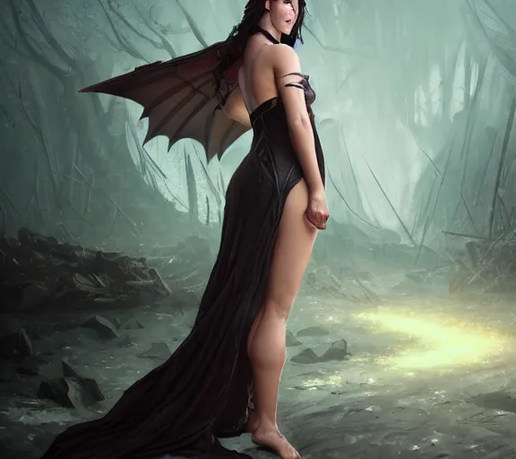 Image similar to morrigan aenslandcasting magic, a charming succubus, strapless dress, fantasy, d & d, by greg rutkowski and raymond swanland, sharp focus, trending on artstation, 8 k realistic digital art, cryengine, symmetric, sharp focus, concept art, frostbite 3 engine