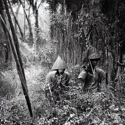 Image similar to Shadow creatures stalk through a forest, vietnam war photography