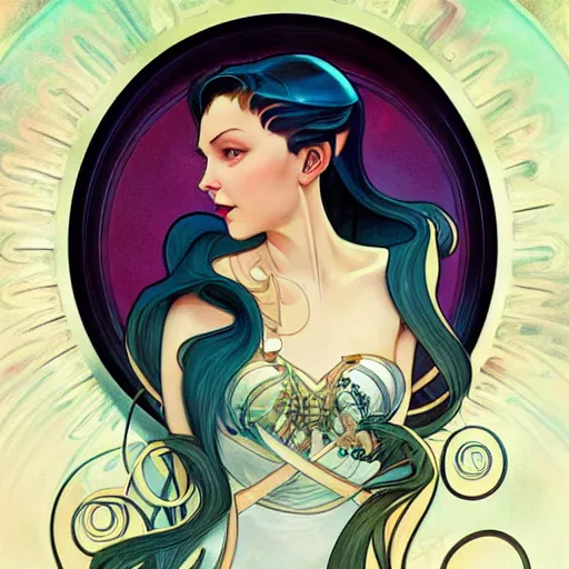 Image similar to a streamline moderne portrait in the style of anna dittmann and donato giancola and alphonse mucha.