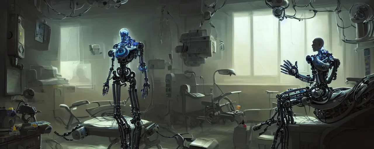 Image similar to an intricate concept art of a man in the hospital as experimental mechanical robot, concept art, style by dylan cole and tyler edlin art, hyper realistic, sci - fi, environment design, low - angle shot, unreal engine, epic lighting,