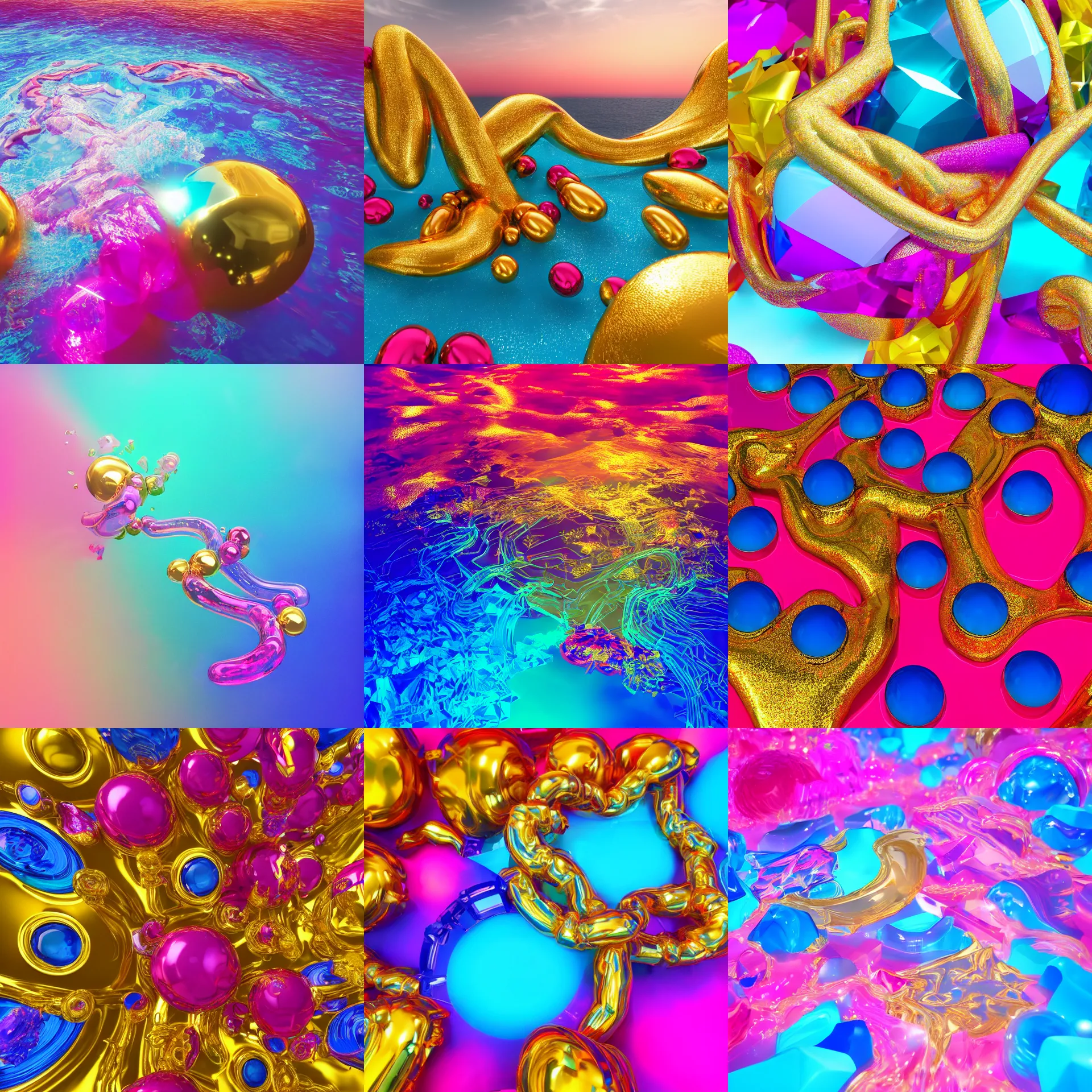 Prompt: vivid dream of vaporwave joy manifold, joyful vibe, gold, ruby, quartz, sapphire, glass, quicksilver, water, air, HDR, octane render, 8k, 4k