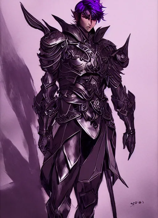 Image similar to Half body portrait of a handsome elven aristocrat with short hair wearing purple heavy armor. In style of Yoji Shinkawa and Hyung-tae Kim, trending on ArtStation, dark fantasy, great composition, concept art, highly detailed, dynamic pose.