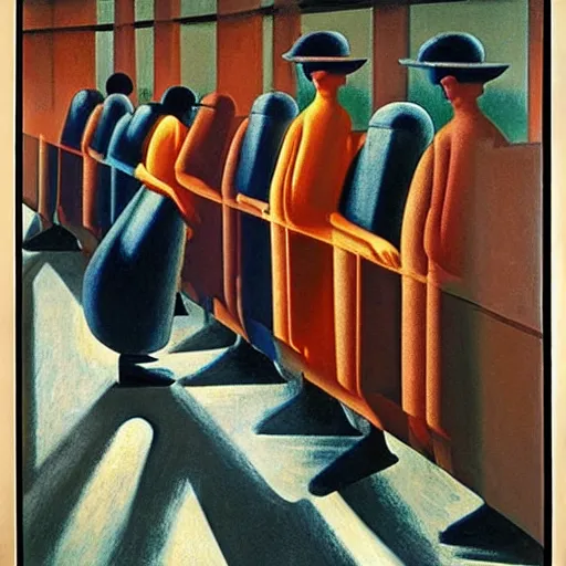 Image similar to factory workers by oskar schlemmer, oil on canvas, pastel colors, edward hopper