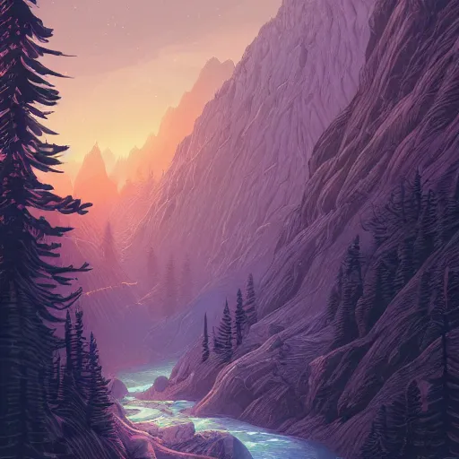 Image similar to a beautiful landscape with trees and mountains, by dan mumford, artstation, behance, highly detailed, concept art, dramatic lighting, magic hour lighting