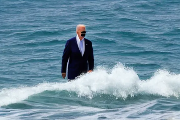 Prompt: a far away shot of Joe Biden standing in the ocean