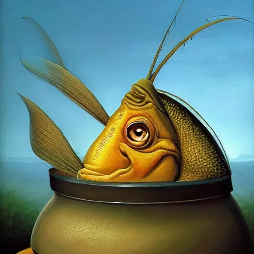 Image similar to a worried fish on the top of a pile of fish, all the fish are inside a cooking pot, side view, by vladimir kush, dystopian art, rococo