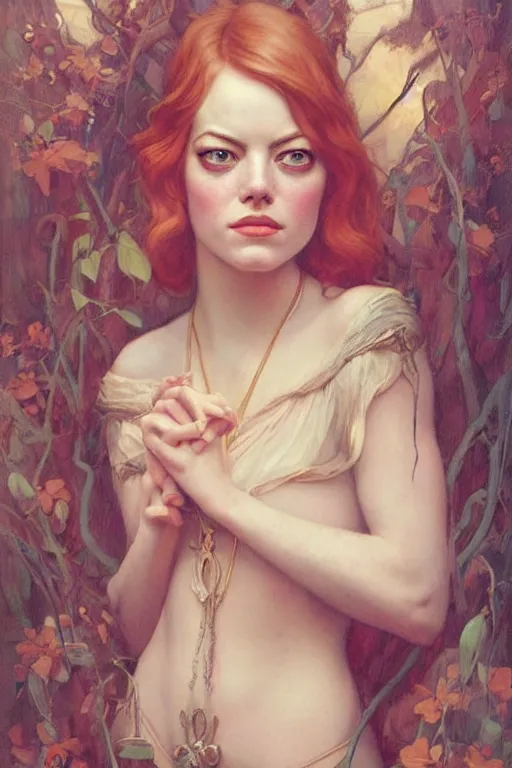 Prompt: Emma Stone by Tom Bagshaw in the style of Gaston Bussière, art nouveau