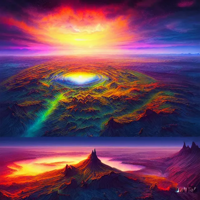 Image similar to fantasy aerial iceland landscape in the form of the human eye, volumetric lighting, colorful, sharp and focus, ultra detailed, beautifully lit landscape, astrophotography, in the art style of dan mumford and marc simonetti