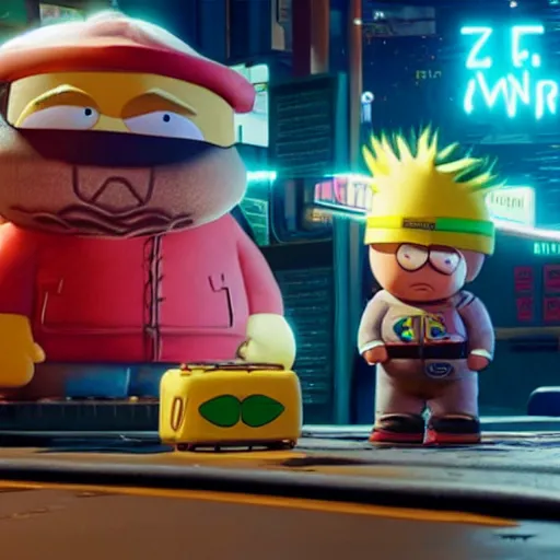 Prompt: Cartman and Butterz in cyberpunk 2077 unreal engine 5 4k ultra realistic hyperdetailed photorealism HDR