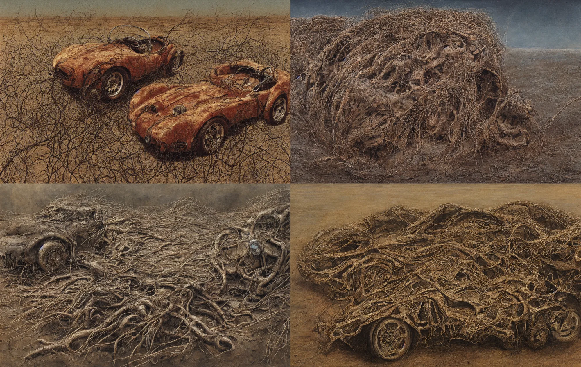 Prompt: closeup rusty shelby cobra, overgrown by weeds, desert, cracked dry lake bed, by beksinski, h.r giger, giger, Zdzislaw Beksinski, highly detailed, soft lighting, 8k resolution, oil on canvas