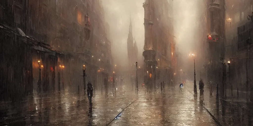 Image similar to an oil painting of a downpour in the middle of the street of a medieval city, moody lighting, fog, dark fantasy, by greg rutkowski, trending on artstation