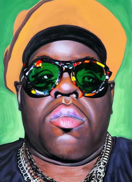 Prompt: portrait of biggie smalls wearing sunglasses painted by Brandon Deener, highly detailed
