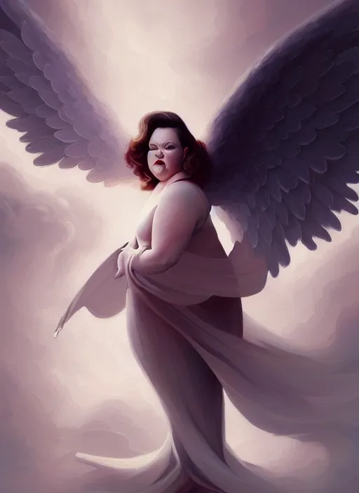 Image similar to melissa mccarthy as an angel, backround dark, highly detailed, digital illustration, trending in artstation, modern painting, smooth, sharp focus, intricate, by peter mohrbacher