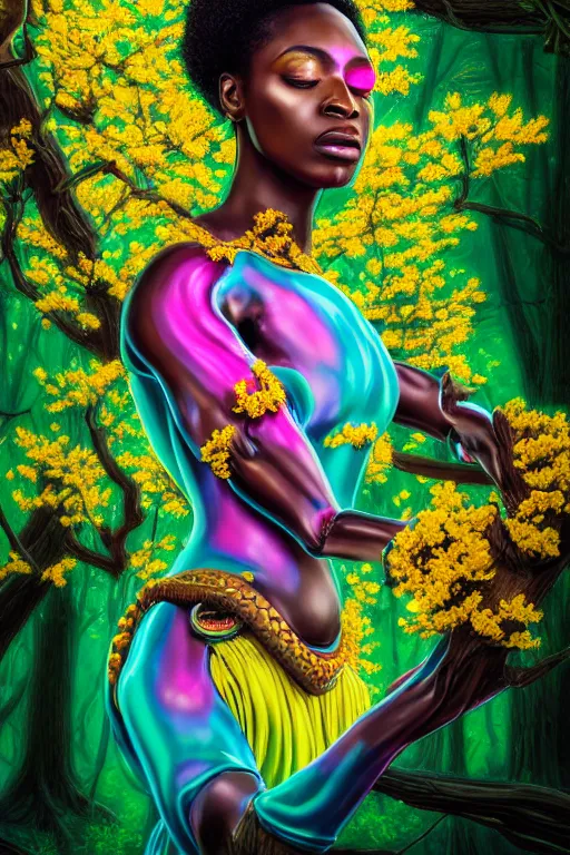 Image similar to high quality photo neo - rococo cinematic super expressive! yoruba goddess with exoskeleton armor, merging with tree in a forest, pink yellow flowers, highly detailed digital art masterpiece, smooth etienne sandorfi eric zener dramatic pearlescent soft teal light, ground angle hd 8 k, sharp focus