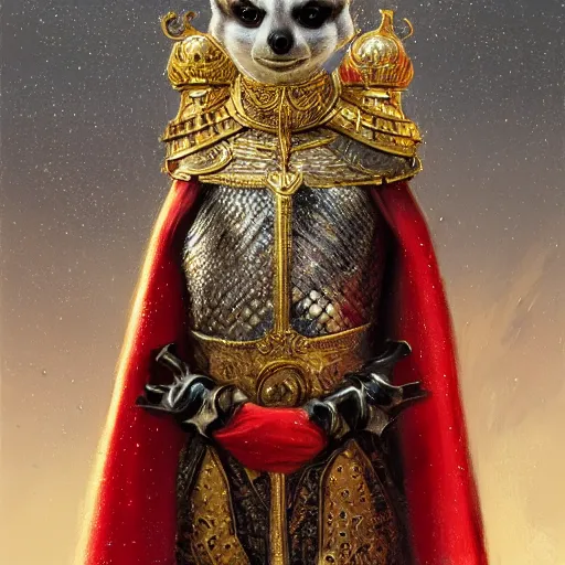 Prompt: detailed photorealistic painting of a meerkat wearing a highly detailed ornamented gold crown with diamonds, in a medieval knight armor with red cape , sharp focus in the style of ruan jia, Mandy jurgens, cinematic light, concept art, trending on artstation, ultra realistic