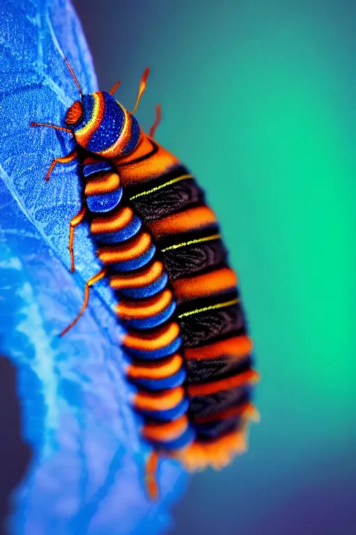 Image similar to high quality close-up photo art deco puss moth caterpillar! gorgeous highly detailed hannah yata elson peter cinematic blue lighting high quality low angle hd 8k sharp shallow depth of field