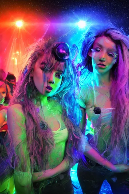 Image similar to Rave girls at a dance club on the moon, glowsticks, neon hair, midriff, astronaut dj, dramatic lighting, cinematic, establishing shot, extremely high detail, foto realistic, cinematic lighting, post processed, concept art, high details, cinematic, 8k resolution, beautiful detailed, photorealistic, digital painting, artstation, concept art, smooth, sharp focus, artstation trending, octane render, unreal engine