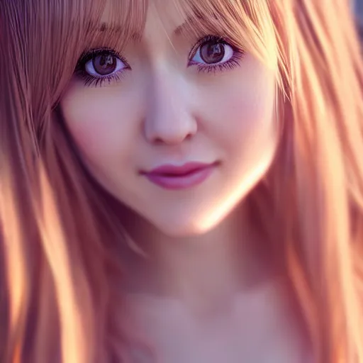 Prompt: beautiful intricate photograph of nikki from shining nikki dress - up game, a cute young woman, light pink hair, long hair with full bangs, full heart - shaped face, amber eye color, pale skin, light blush, chinese heritage,, smiling softly,, golden hour, soft focus, 8 k, hyperrealism, hyperdetailed